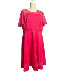 Lane Bryant Hot Pink Scuba Fit Flare Midi Dress Mesh Yoke 2X NWT Coquette